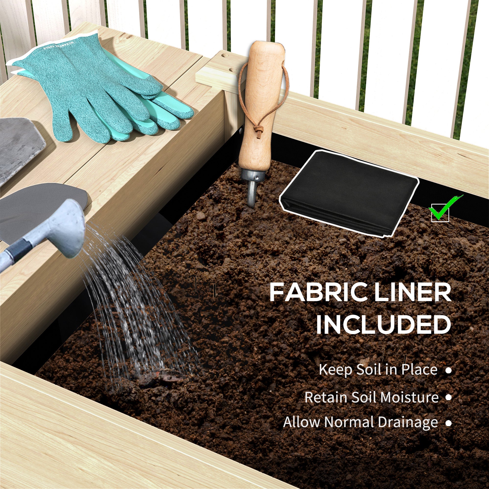 Raised Garden Bed, Wood Planter Box with Side Table, Bottom Shelf, Bed Liners and Drainage Holes, Natural