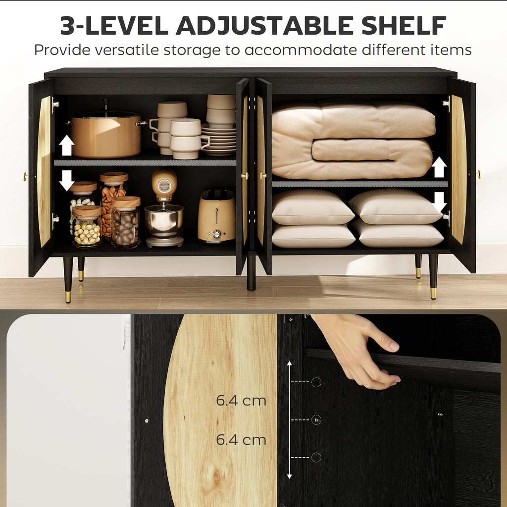 55" Sideboard Buffet Cabinet, Boho Storage Cabinet with Adjustable Shelves, Soft Close Doors and Rattan Front, Black