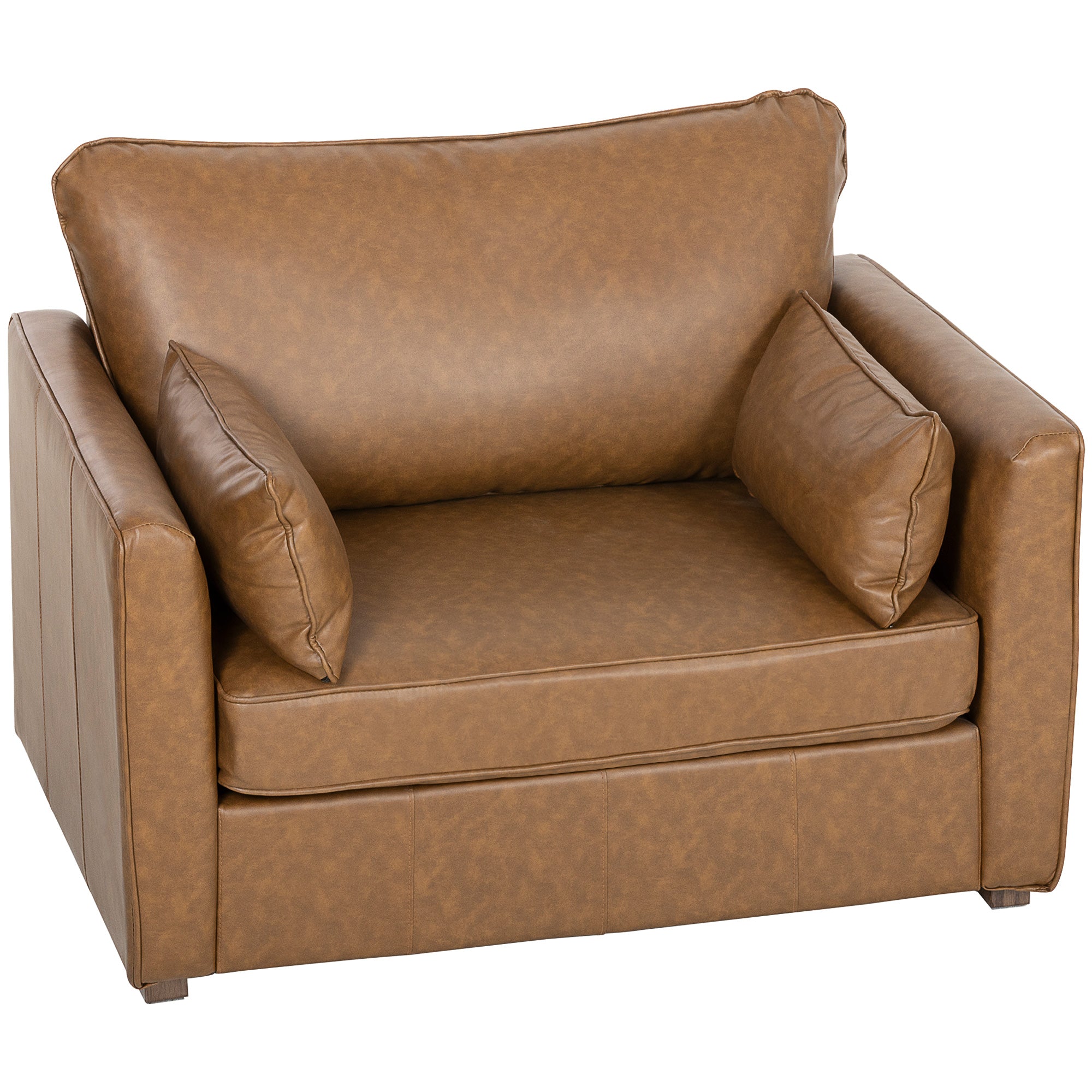 Accent Chair, PU Leather Armchair with Wide Seat, Spring Cushion, Rubberwood legs, 2 Pillows, Brown