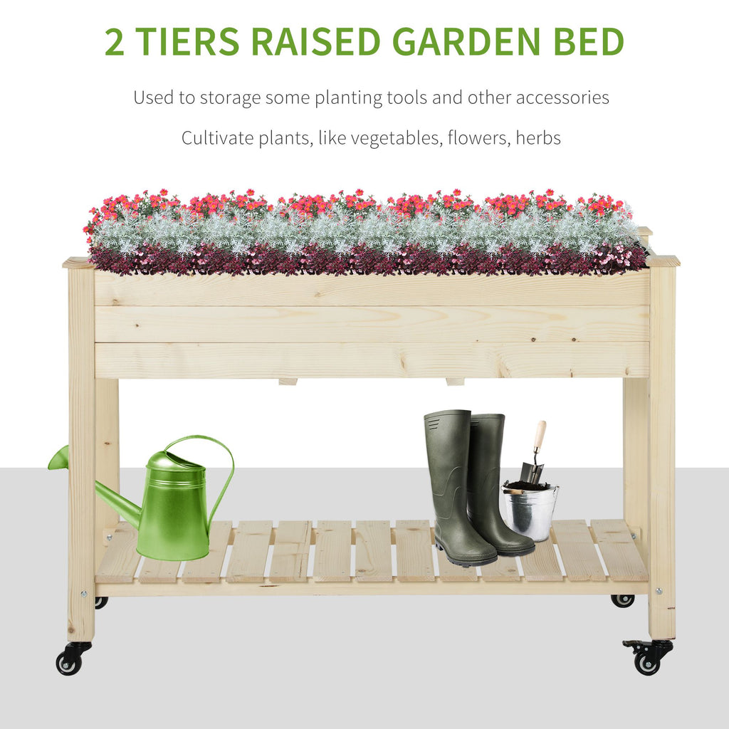 Mobile Raised Garden Bed Elevated Wood Planter Box with Lockable Wheels, Storage Shelf for Herbs Vegetables, Natural