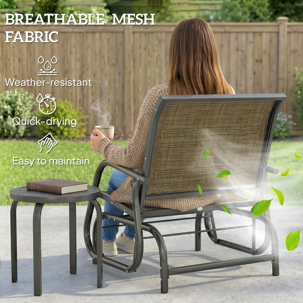 Patio Glider Outdoor Glider Chair with Breathable Mesh Seat & Backrest, Armrests and Metal Frame, Light Mixed Brown