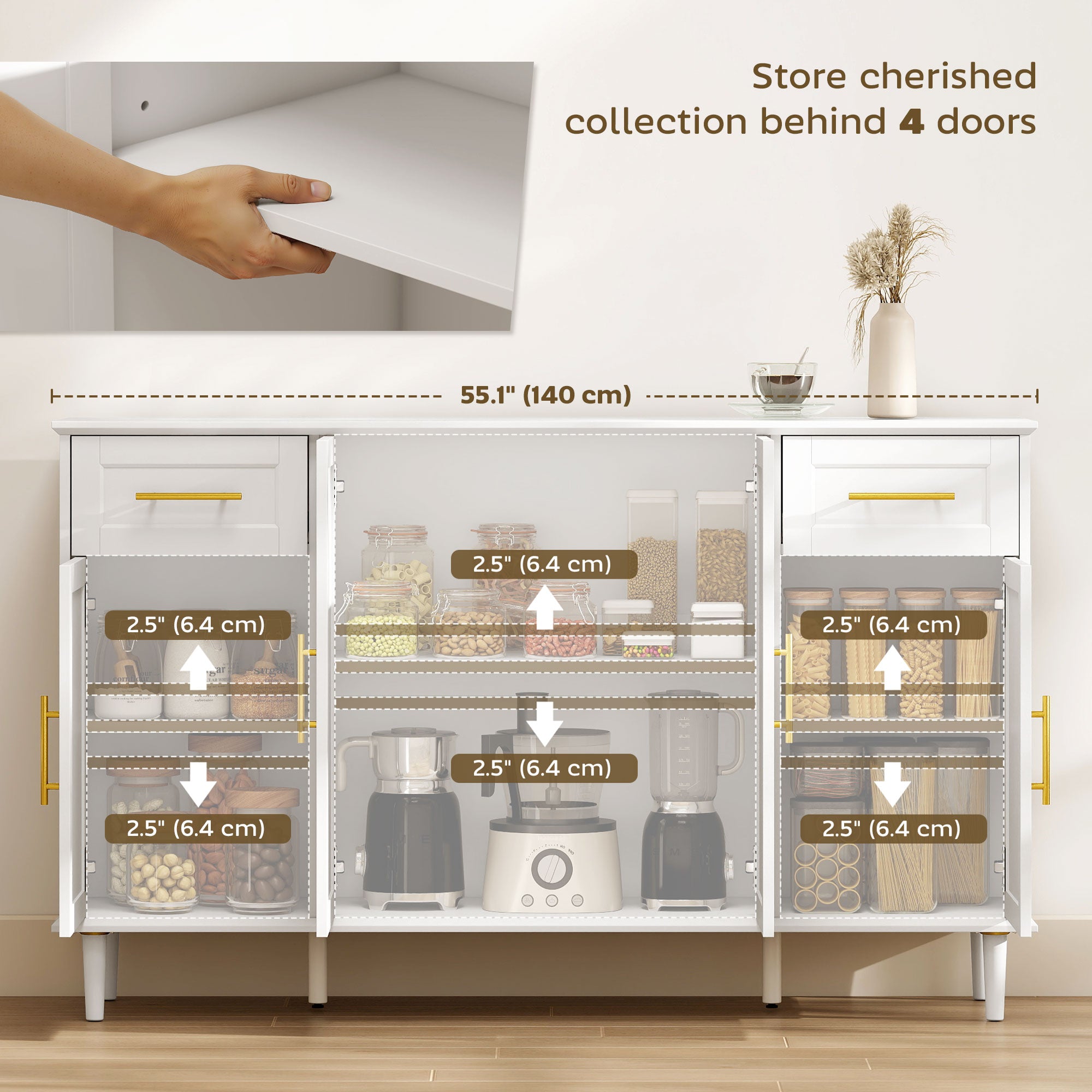 55" Buffet Cabinet with Soft-Close Doors, Modern Sideboard with 2 Drawers, 3 Adjustable Shelves and 4 Doors, White
