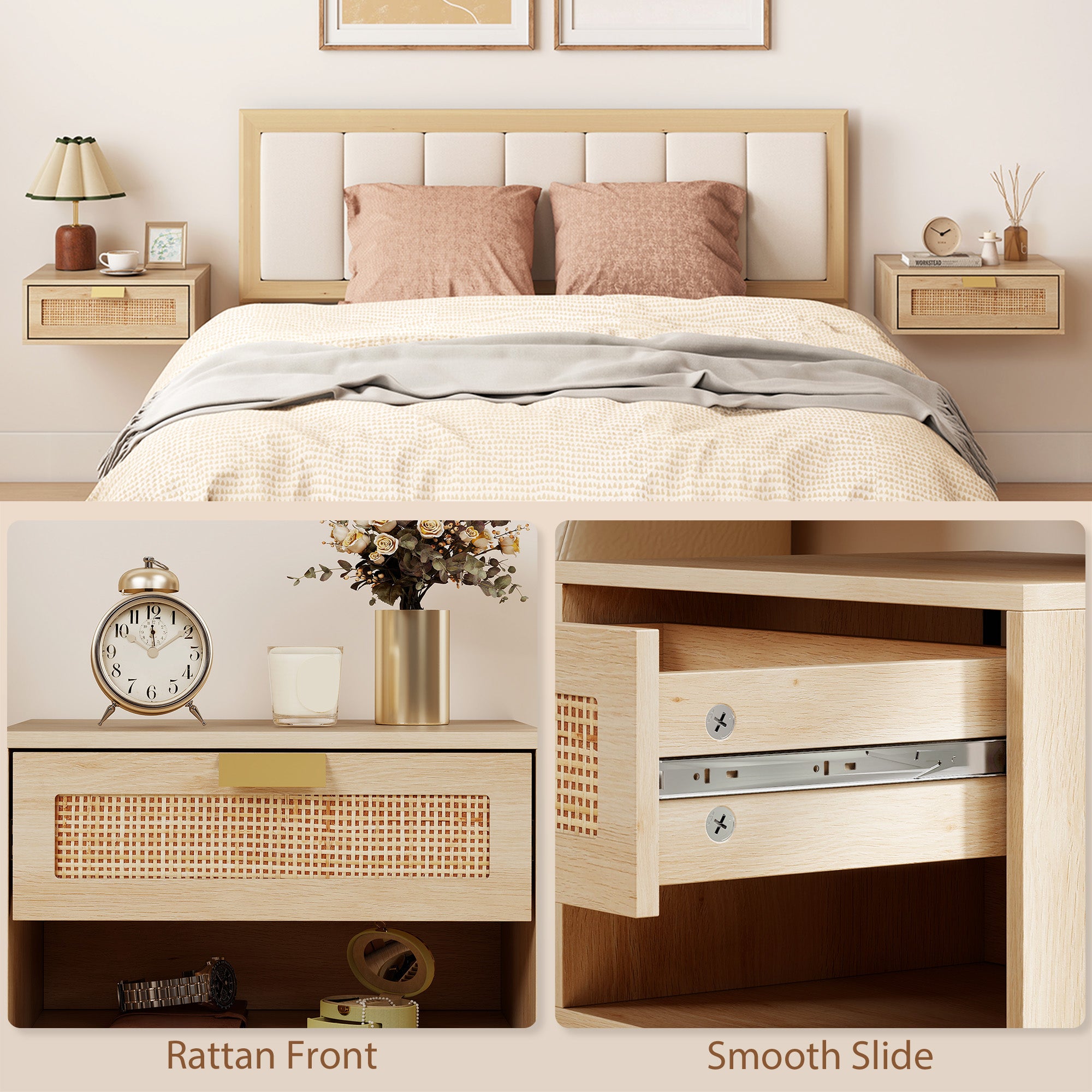 Floating Bedside Tables Set of 2, Wall Mounted Nightstands with Rattan Drawer and Wood Effect, Oak