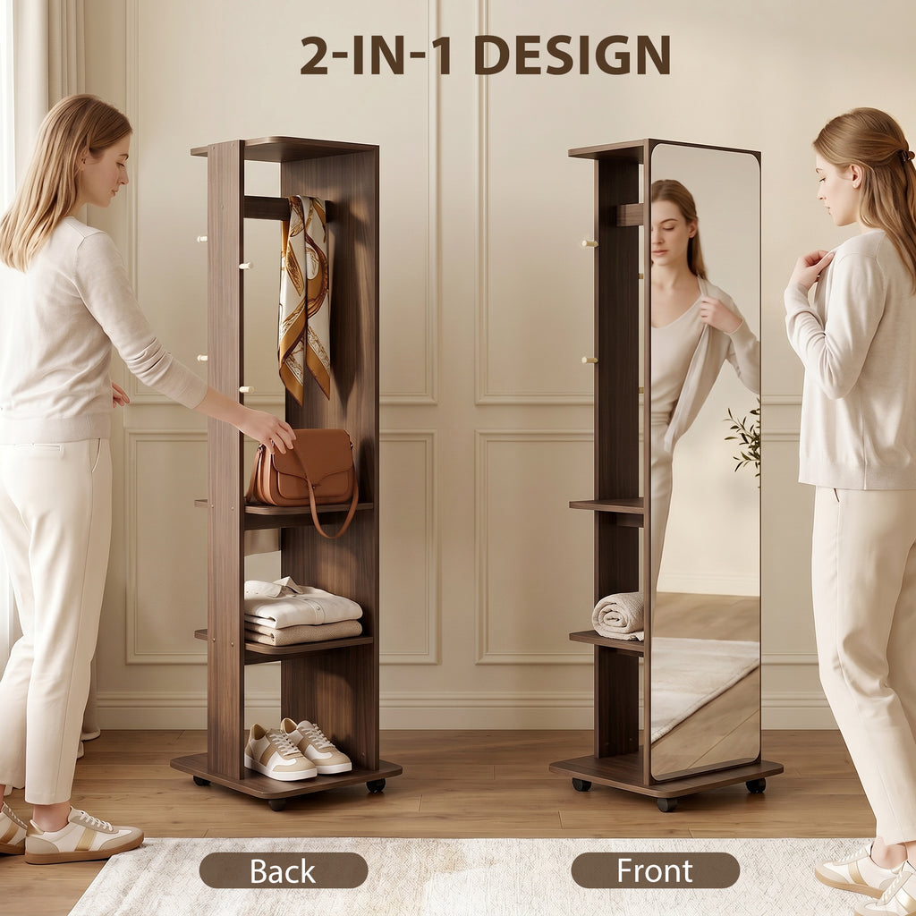 15" x 62" Full Length Mirror, Tempered Glass Floor Mirror on Wheels with Storage Shelves, Coat Hangers, Brown Wood Grain
