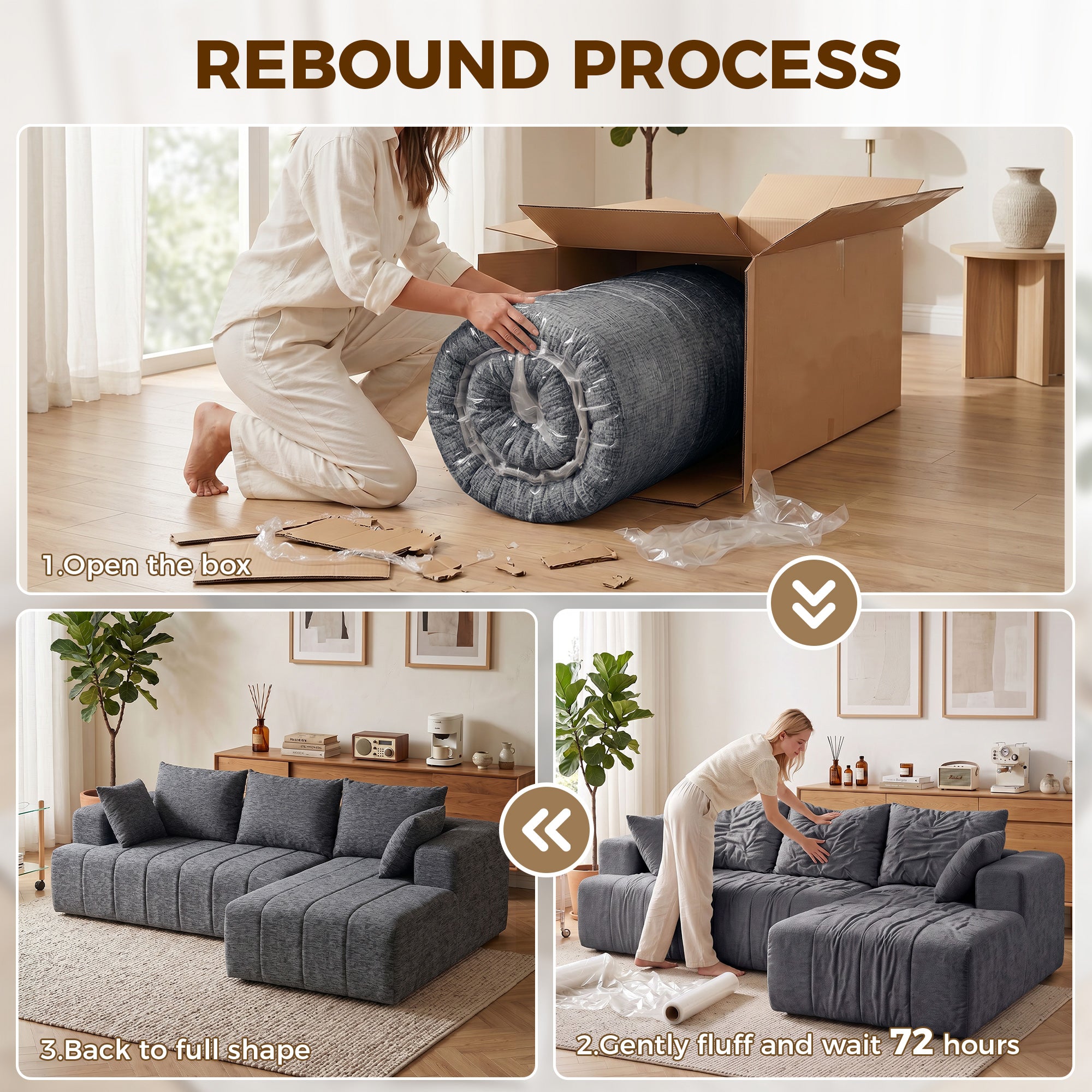 101" Modular Sectional Sofa with Chaise, Chenille Boneless Cloud Sofa Bed, 3 Seater L-Shaped Couch, No Assembly, Grey