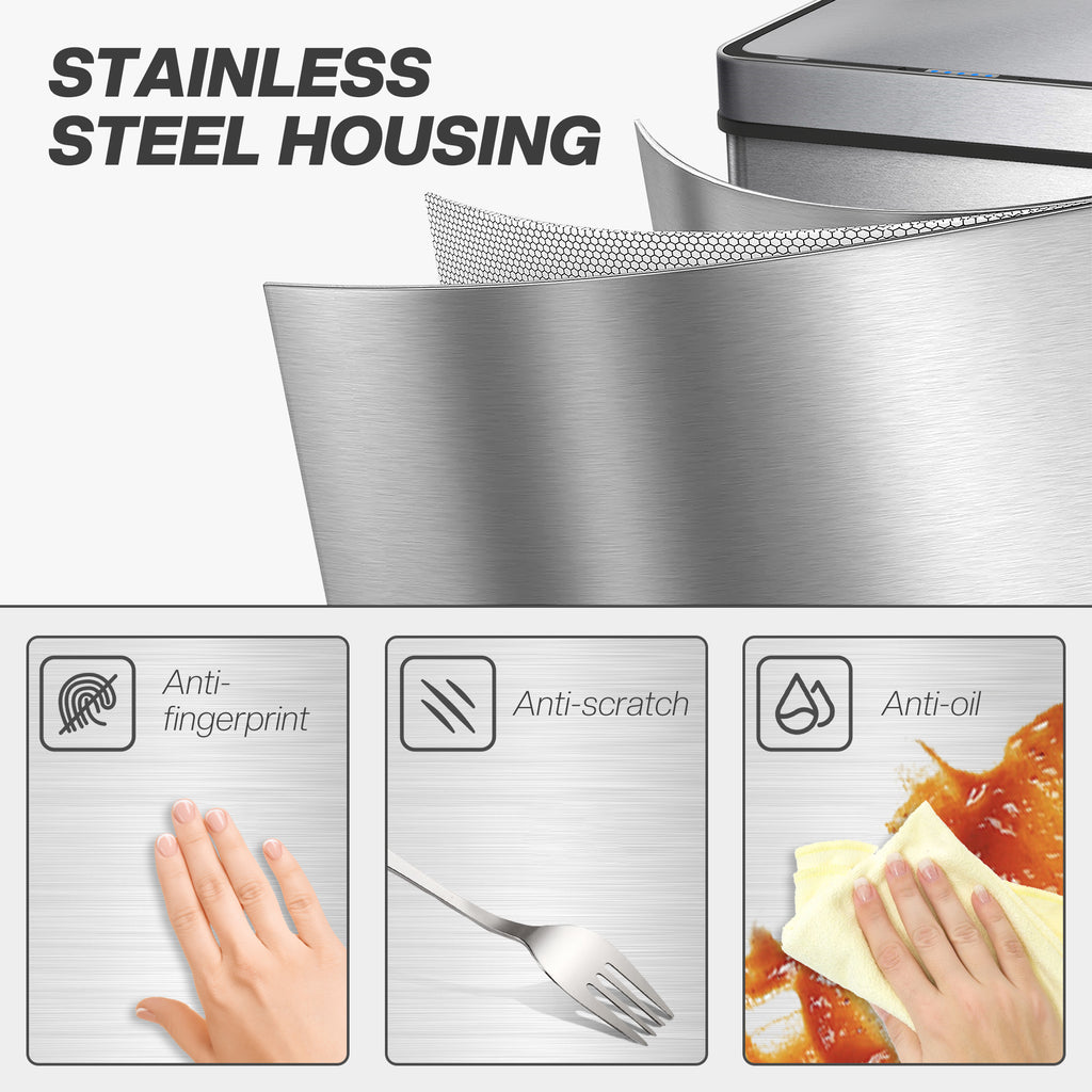 13.2 Gallon Sensor Can, Automatic Garbage Can with Soft-Close Lid, Fingerprint-Proof Stainless Steel, Silver