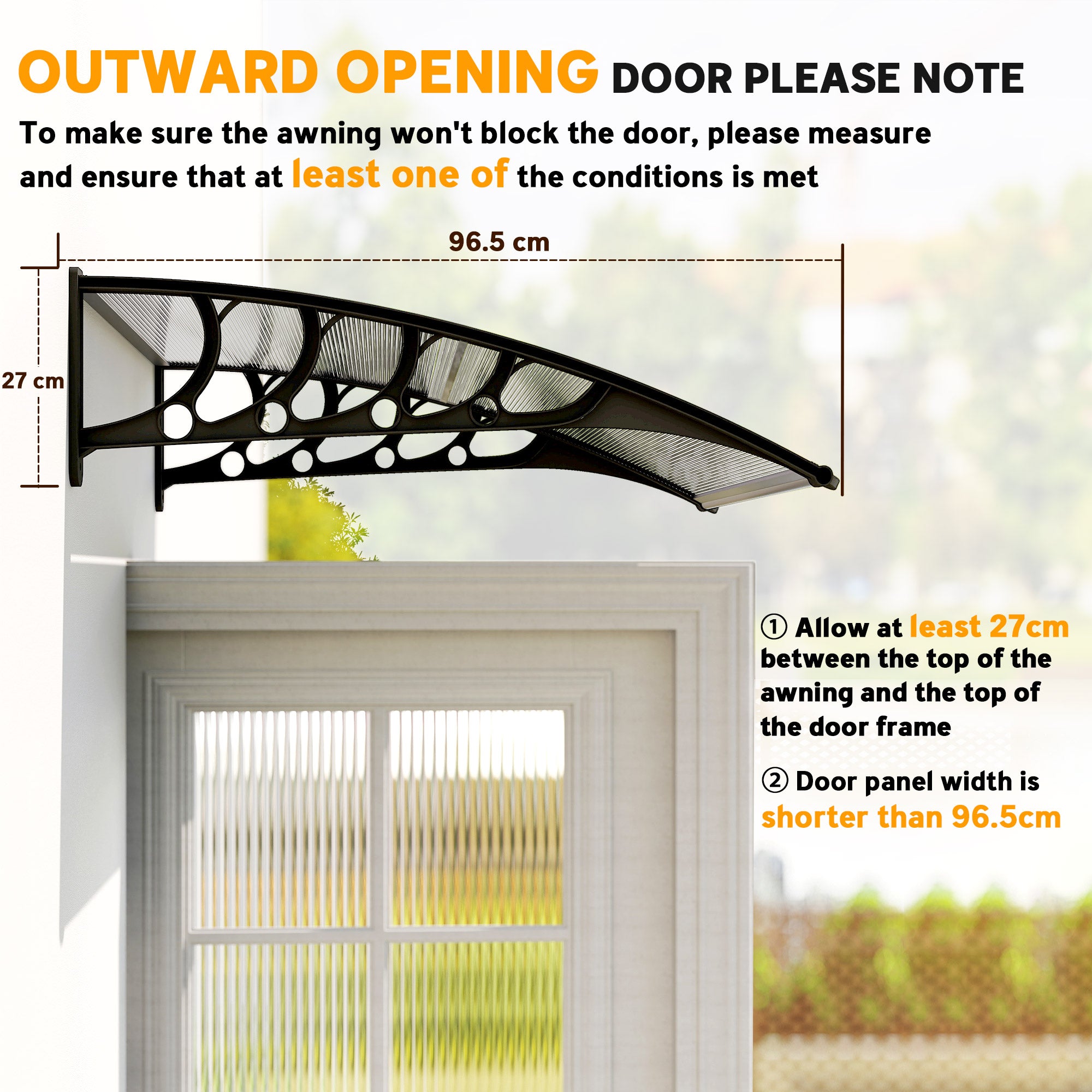 Awning Door Canopy, 40.6" x 38" Polycarbonate Front Door Outdoor Patio Cover with Hollow Sheet for UV Protection, Clear