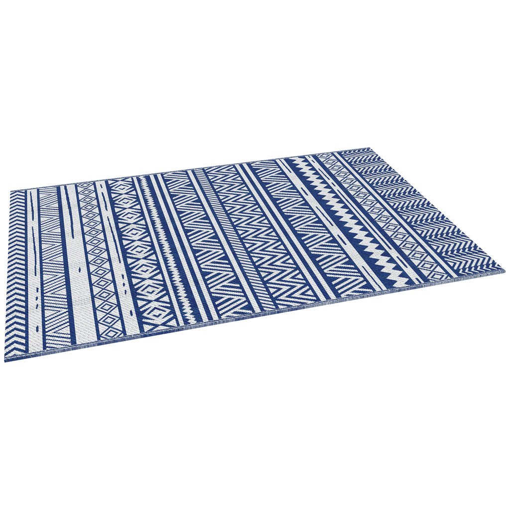 Reversible Outdoor Rug, Patio Floor Mat, 6'x9' Plastic Straw Rug for Backyard Deck, Beach, Camping, Dark Blue and White