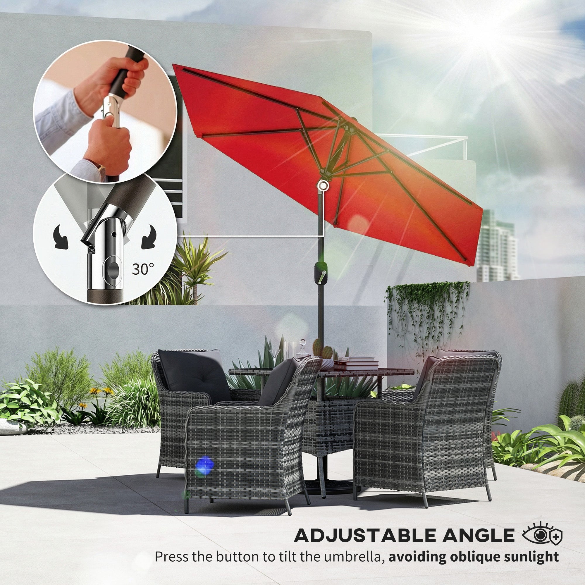 Patio Sun Umbrella, Outdoor Parasol with 6 Ribs, Wine Red