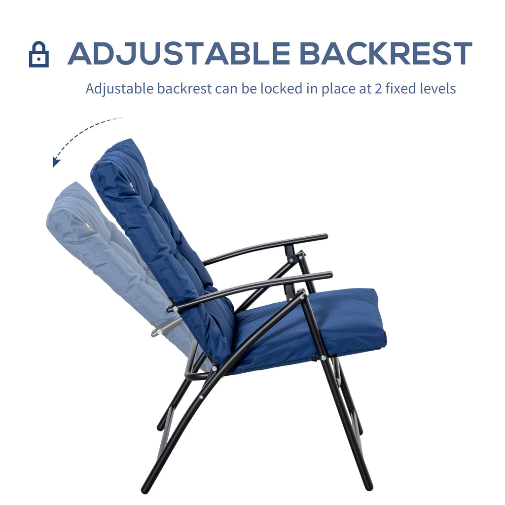Foldable Lounge Chair, Fabric Upholstered Recliner, Outdoor Lounger with Armrest, Metal Frame for Backyard, Blue