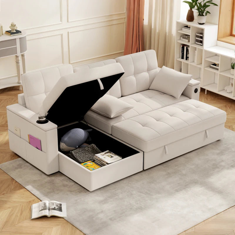 Modern beige sectional sleeper sofa with USB-A and USB-C charging ports