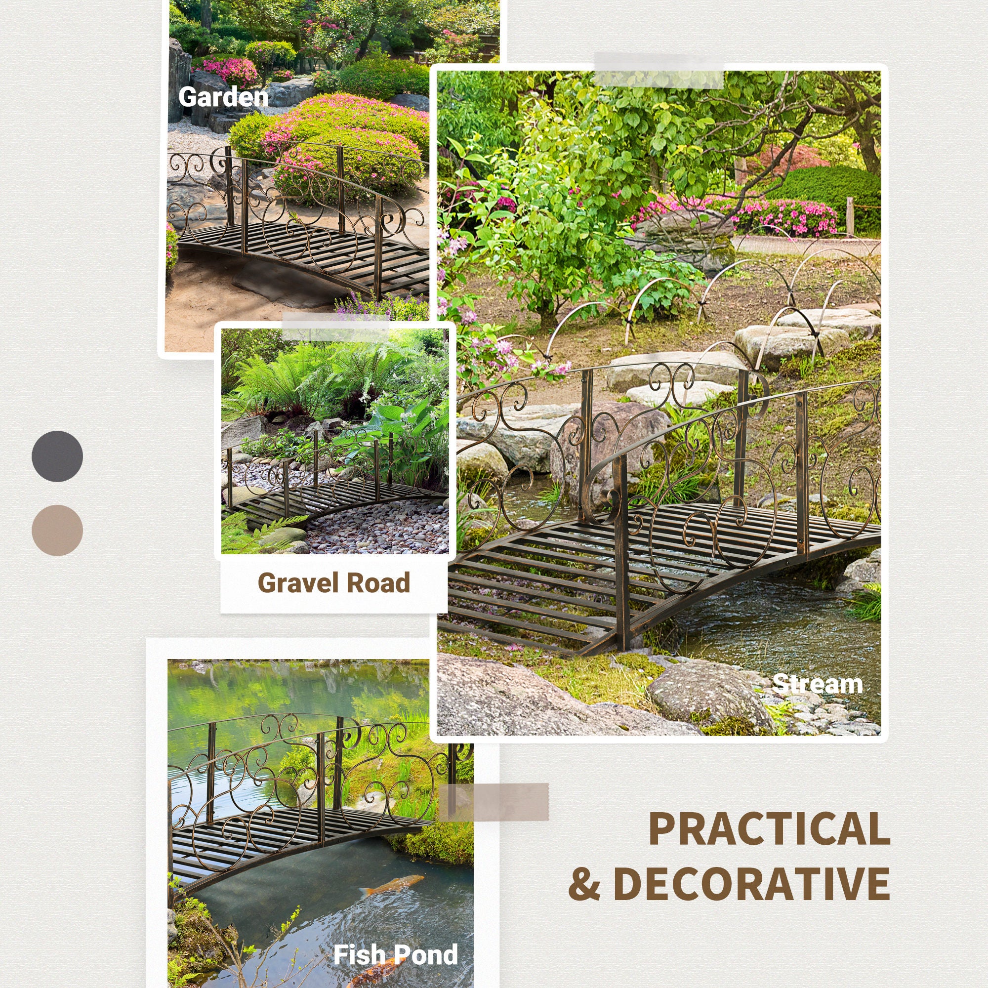 6FT Steel Garden Bridge with Safety Siderails, Decorative Arc Landscaping Bridge for Backyard Creek Stream Pond, Brown