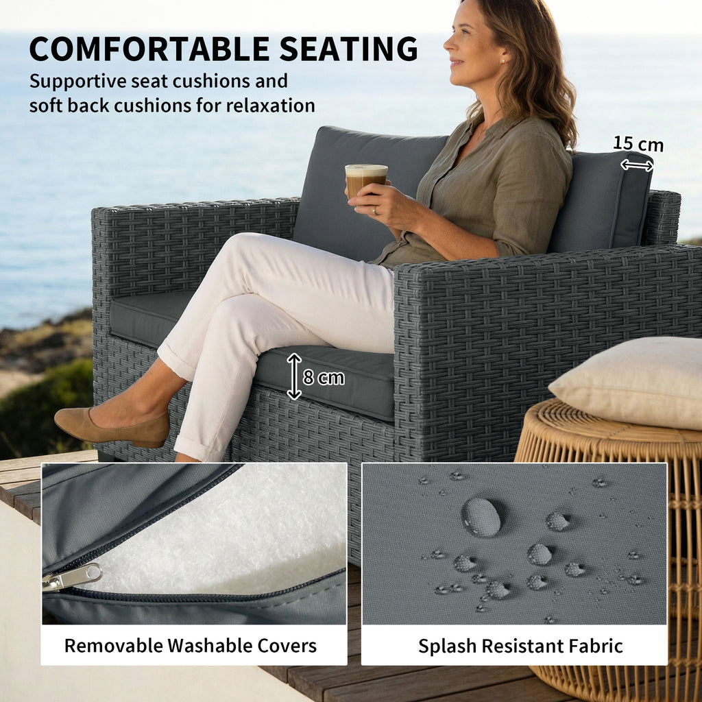 2 Seater Outdoor Couch Patio Sofa with Deep Seat, Cushions, Wide Armrests for Garden, Balcony, Porch, Dark Grey