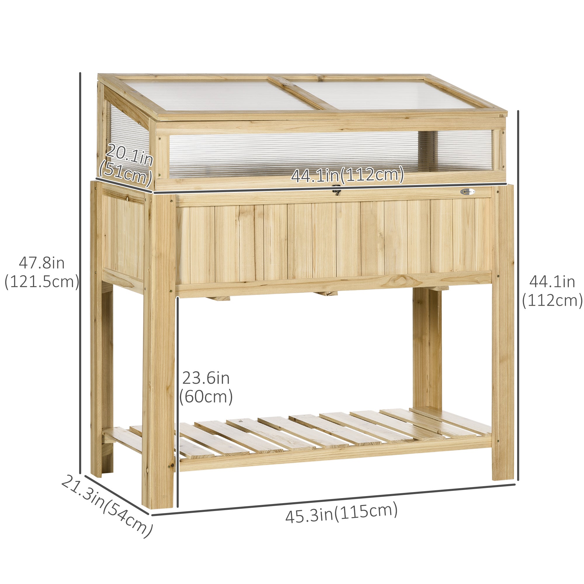 Raised Garden Bed, Outdoor Wooden & PVC Elevated Planter Box with Cold Frame Greenhouse and Storage Shelf, Natural