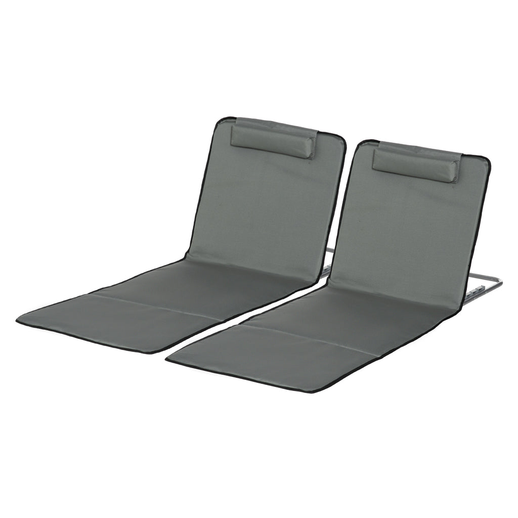 Set of 2 Sun Lounger Beach Mat Folding Lounge Chair Mat with Adjustable Back Steel Frame Head Pillow Carry Bag Grey