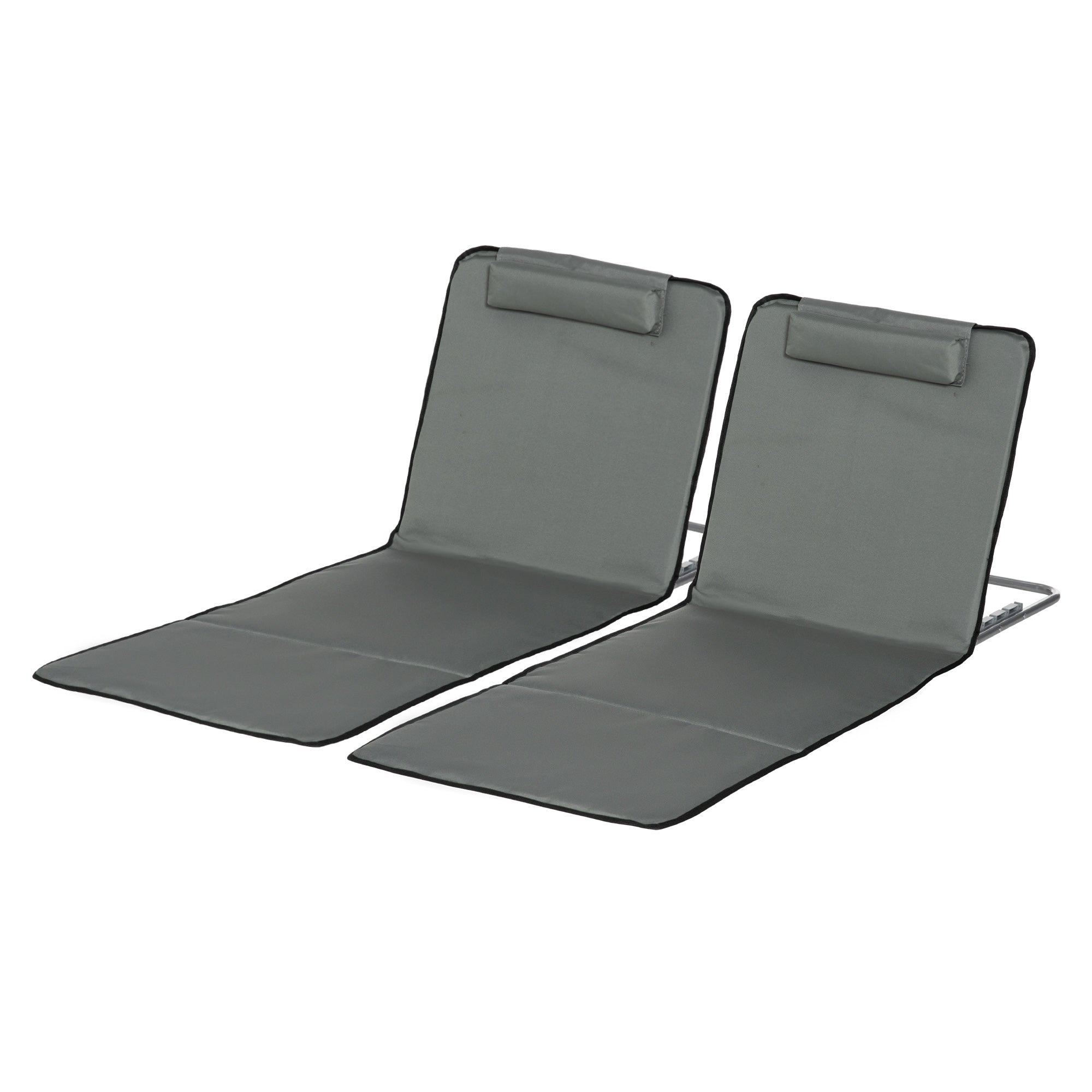 Set of 2 Sun Lounger Beach Mat Folding Lounge Chair Mat with Adjustable Back Steel Frame Head Pillow Carry Bag Grey