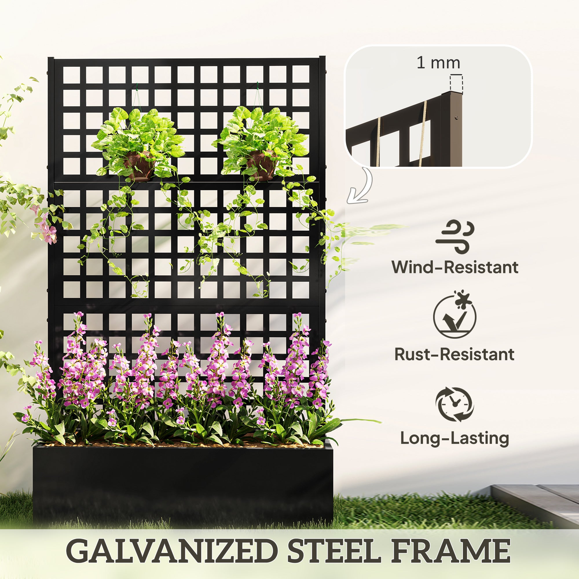 Galvanized Raised Garden Bed Planter Box with Trellis for Climbing Plants, Vegetable, Vines, 43" x 16" x 70"