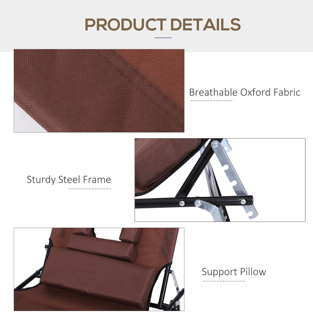 Folding Chaise Lounge Chair, Reclining Beach Tanning Chair with Face Hole, Pillow, 4-Position Adjustable Lay Flat Sun Lounger, Steel Frame for Outdoor Patio Pool, Brown