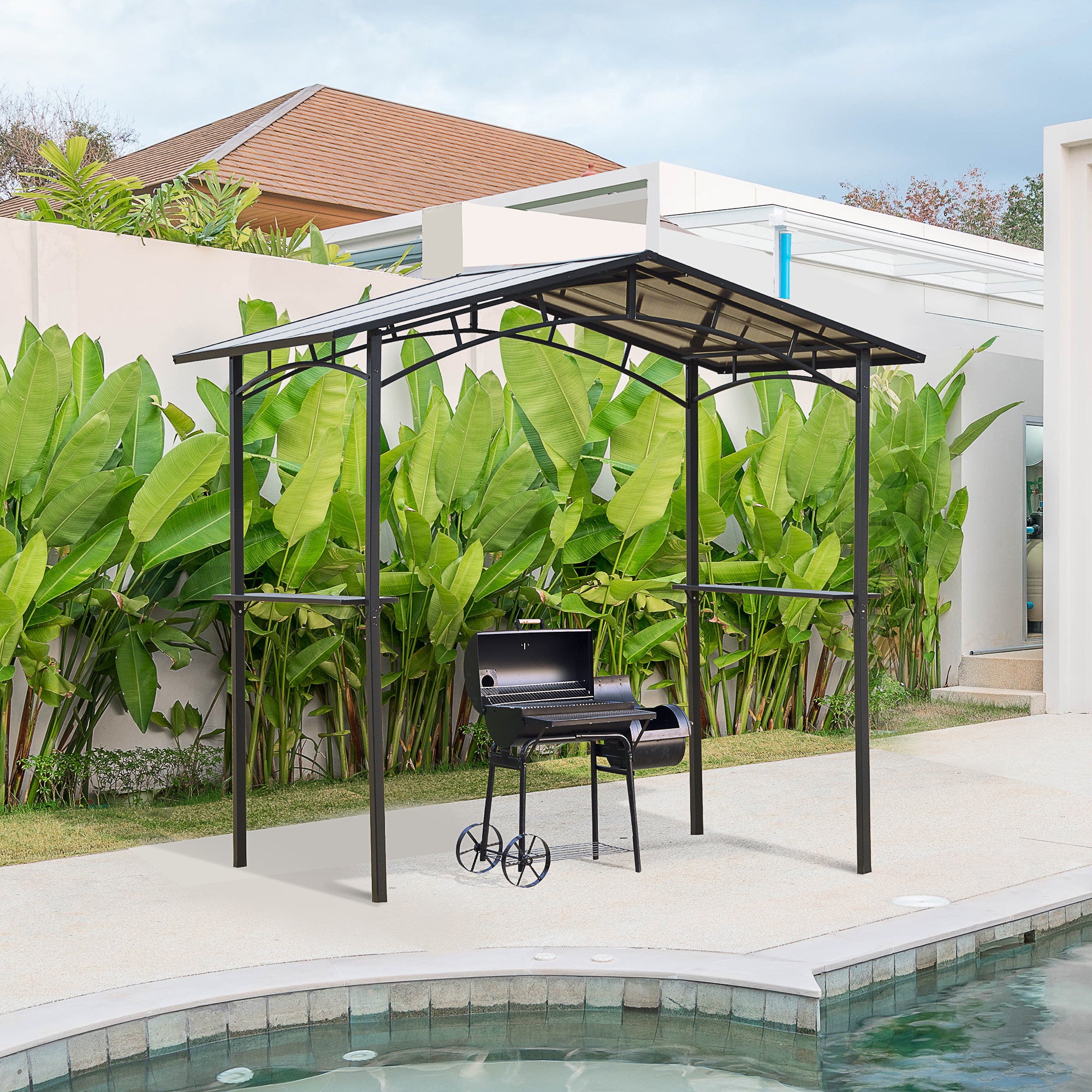 8' x 5' Hardtop Grill Gazebo Aluminium BBQ Canopy Gazebo Outdoor Canopy with Side Shelves