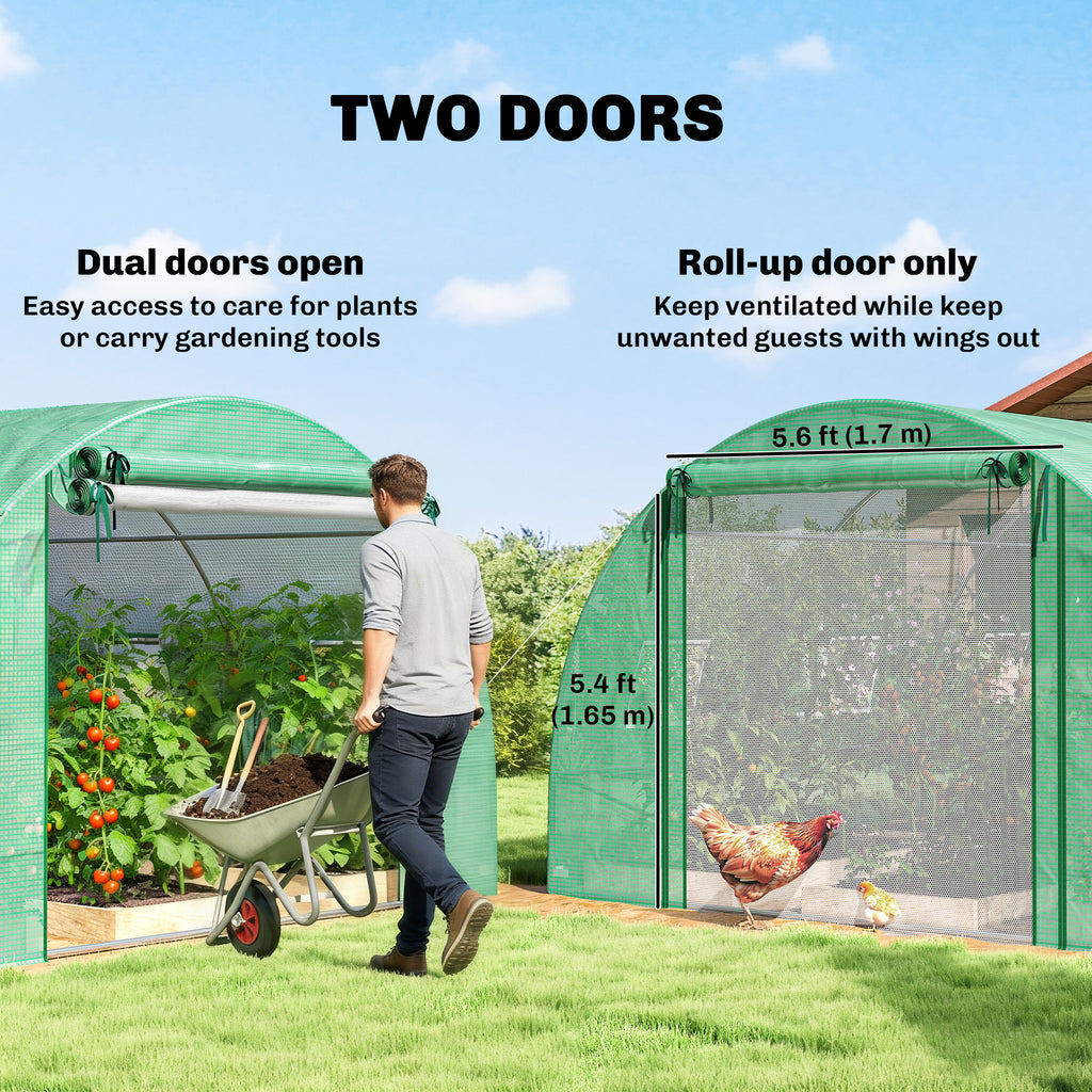 Walk-in Tunnel Greenhouse with 2 Support Rods, Mesh Door, Plant Hot House with PE Cover, 20'x10'x7', Green