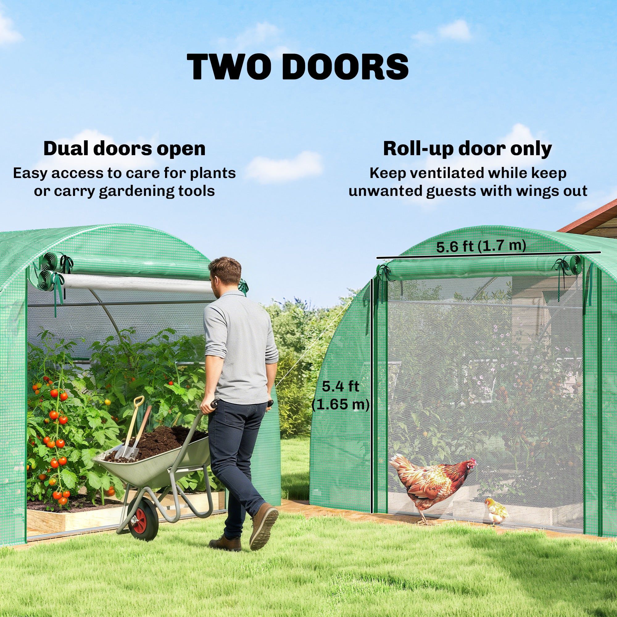 Walk-in Tunnel Greenhouse with 2 Support Rods, Mesh Door, Plant Hot House with PE Cover, 20'x10'x7', Green