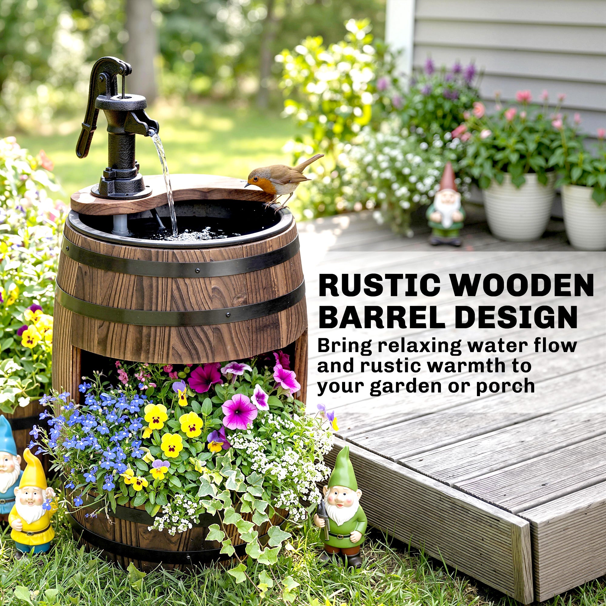 Wooden Outdoor Fountain, Electrical Barrel Waterfall with 3600r/min Speed Pump for Patio, Backyard, Carbonized