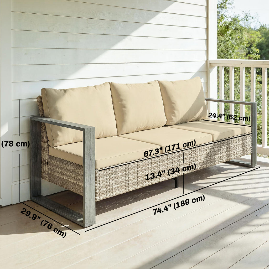 3-Seater Outdoor Couch, PE Wicker Patio Sofa with Deep Seat, Wood-Effect Aluminum Armrests, Cushions, Khaki