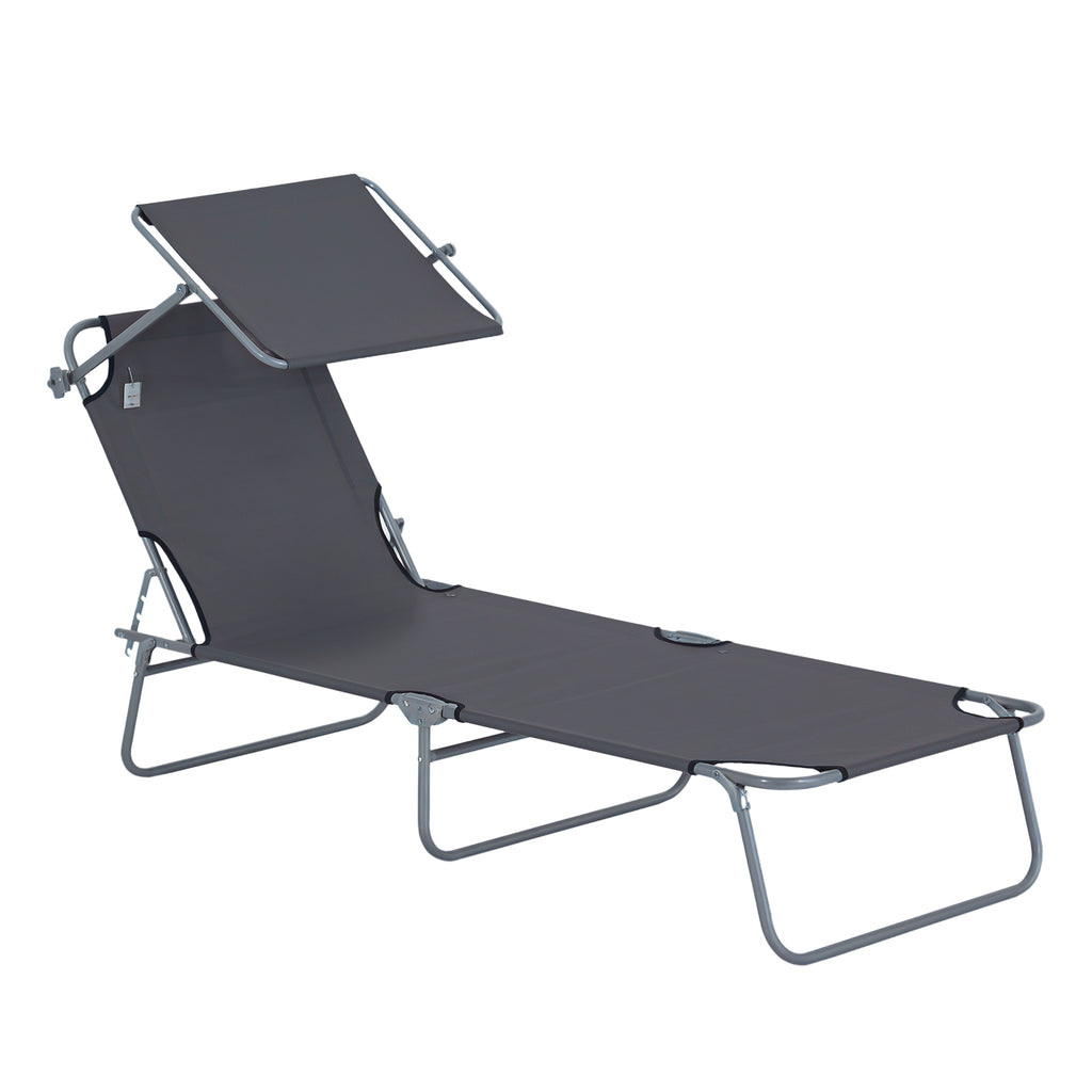 Outdoor Lounge Chair, Adjustable Folding Chaise Lounge,  Tanning Chair with Sun Shade for Beach, Camping, Hiking, Backyard, Grey