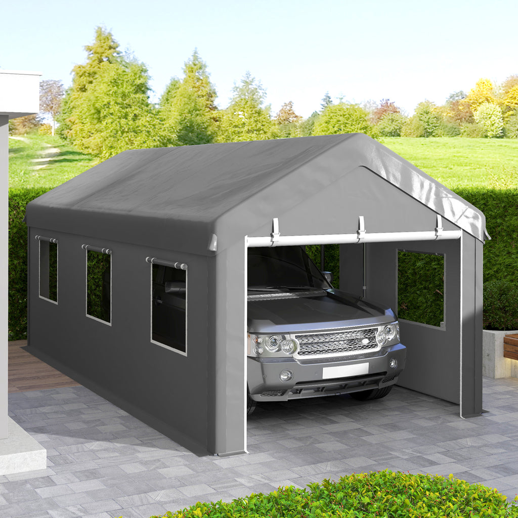 10' x 20' Carport, Heavy Duty Portable Garage with 6 Mesh Windows and 2 Doors, Light Grey