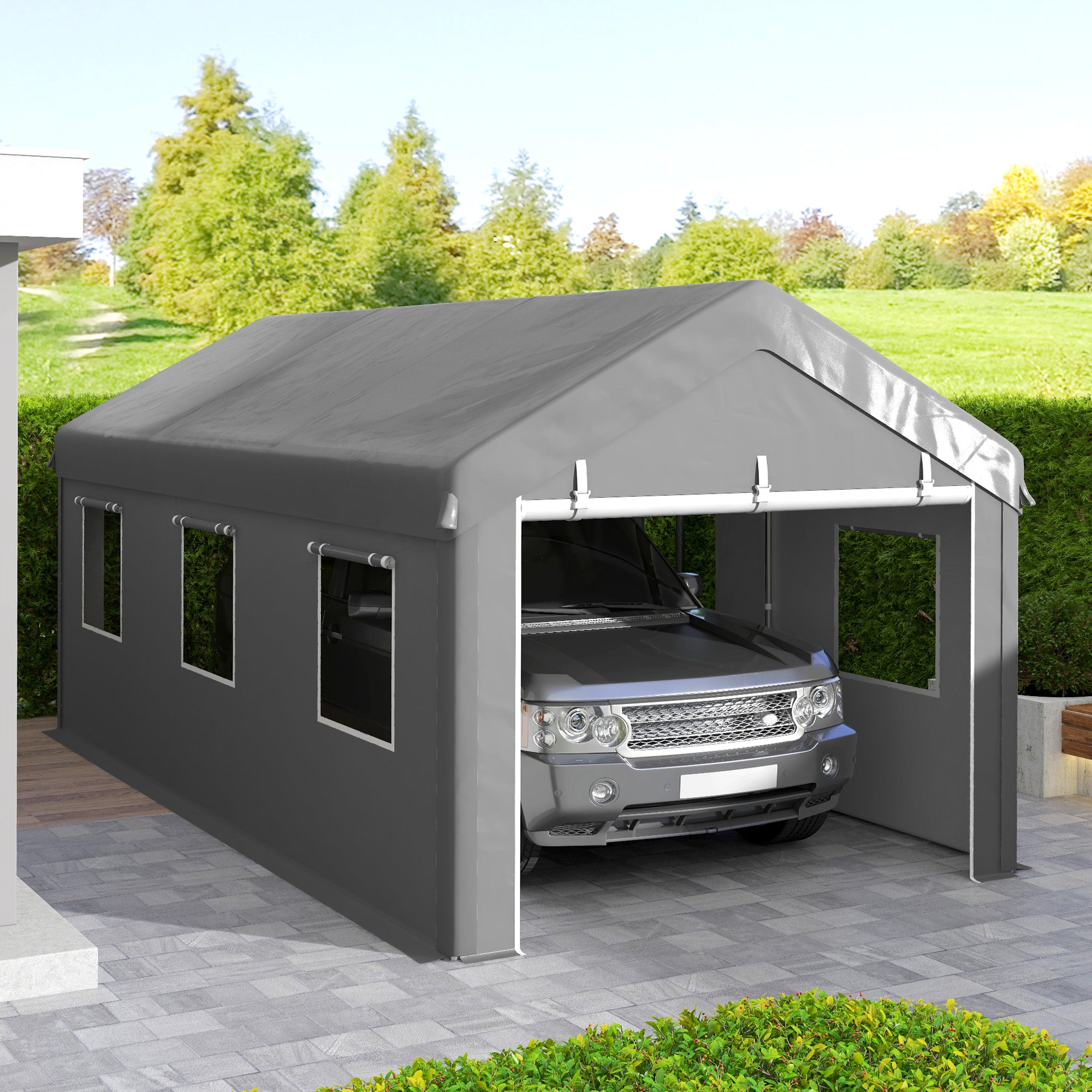 10' x 20' Carport, Heavy Duty Portable Garage with 6 Mesh Windows and 2 Doors, Light Grey