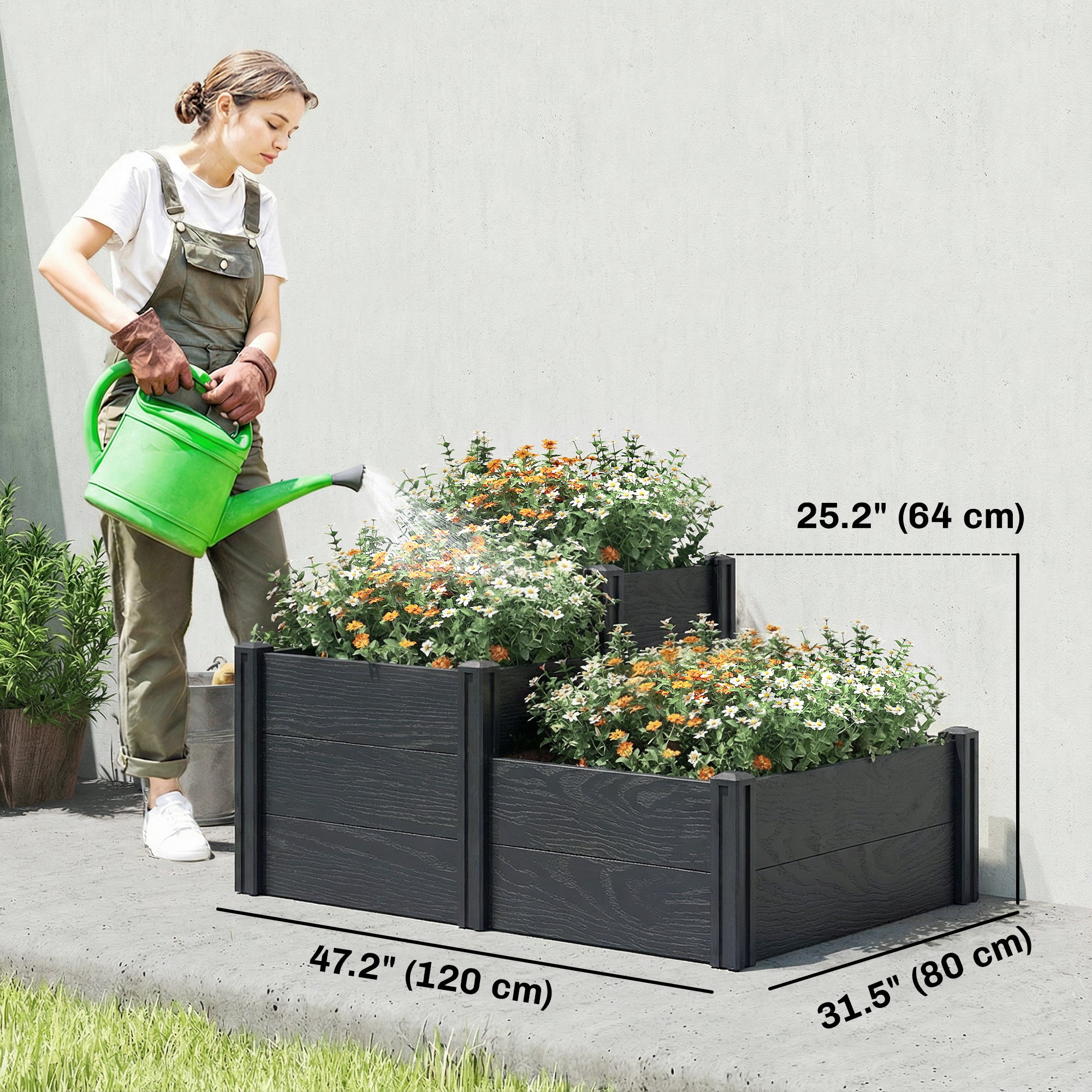 Vinyl Raised Garden Bed Kit, 3-Tier Elevated Garden Box with Open Bottom, DIY Assembly, Grey Wood Effect