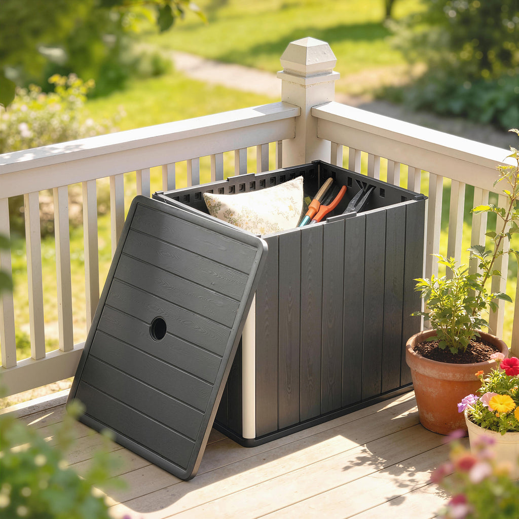 30 Gallon Storage Box, Outdoor Side Table with Umbrella Holder, Black