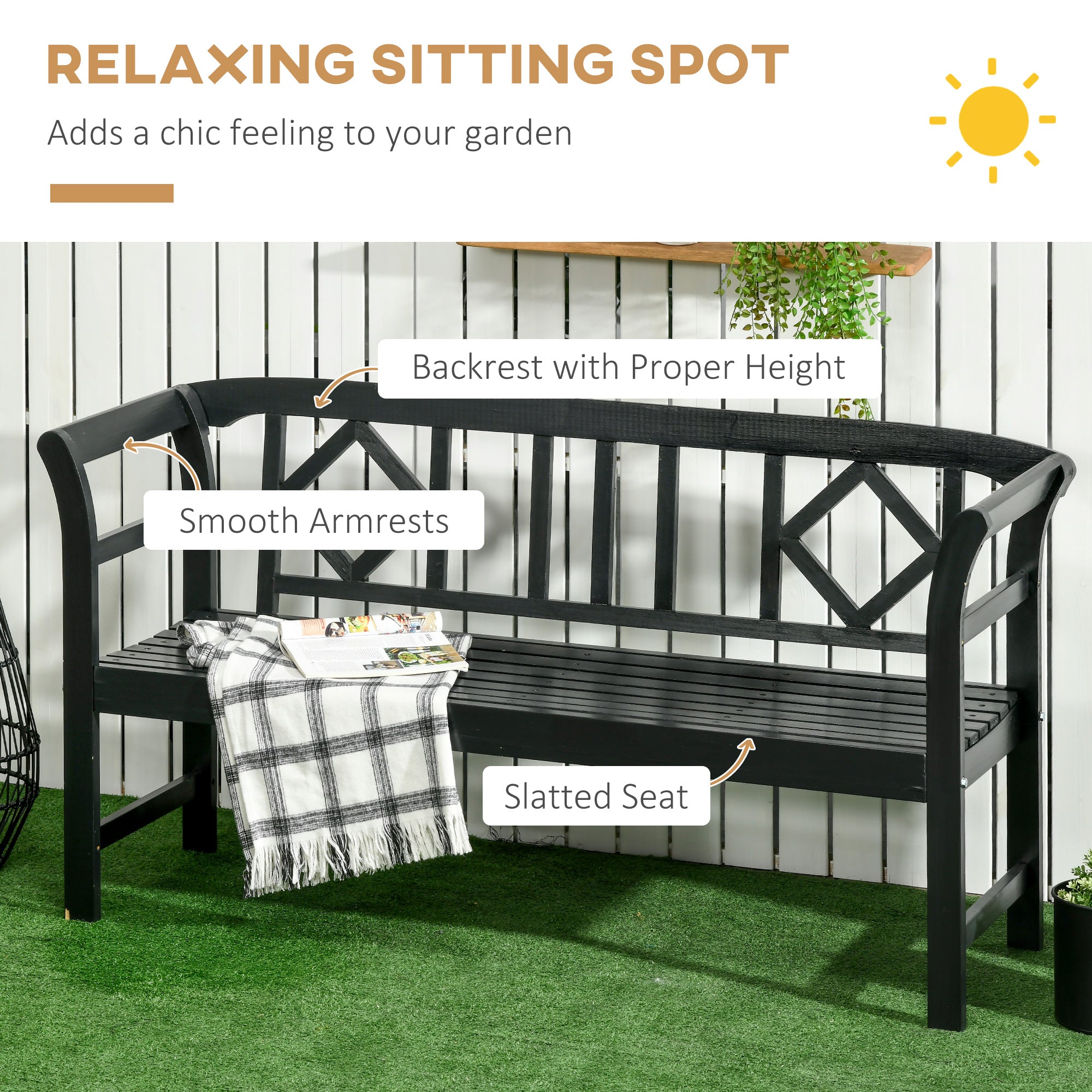 Wooden Outdoor Bench, 3 Person Patio Garden Bench with Diamond Pattern Backrest, Slatted Seat, 792 LBS Capacity, Black