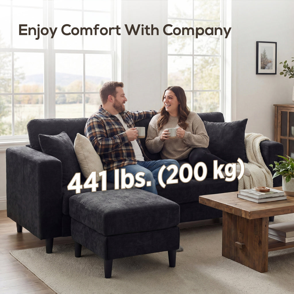 Sectional Sofa, L Shaped Couch with Changeable Chaise, Wooden Legs, Black