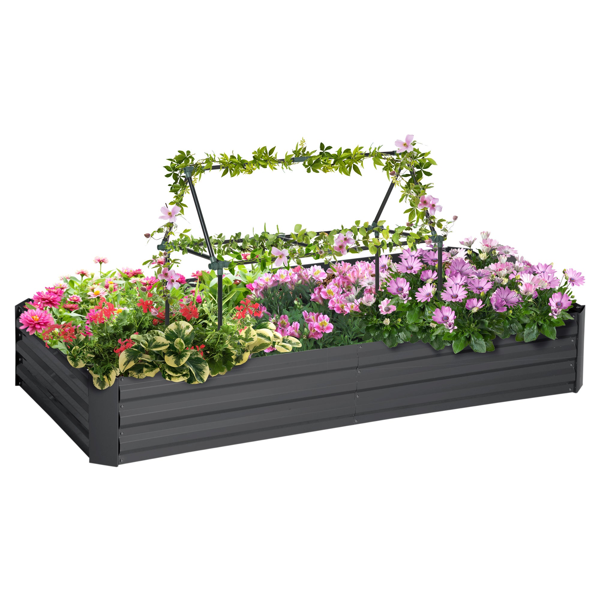 6' x 3' x 1' Raised Garden Bed with 2 Trellis Tomato Cages, Steel Frame Elevated Planter Box, Dark Grey