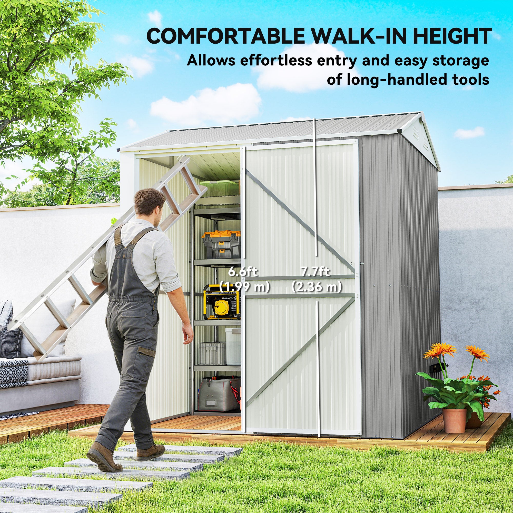 7' x 6' Tall Outdoor Storage Shed, Waterproof Metal Garden Shed with Gloves, Lockable Door, Silver Grey