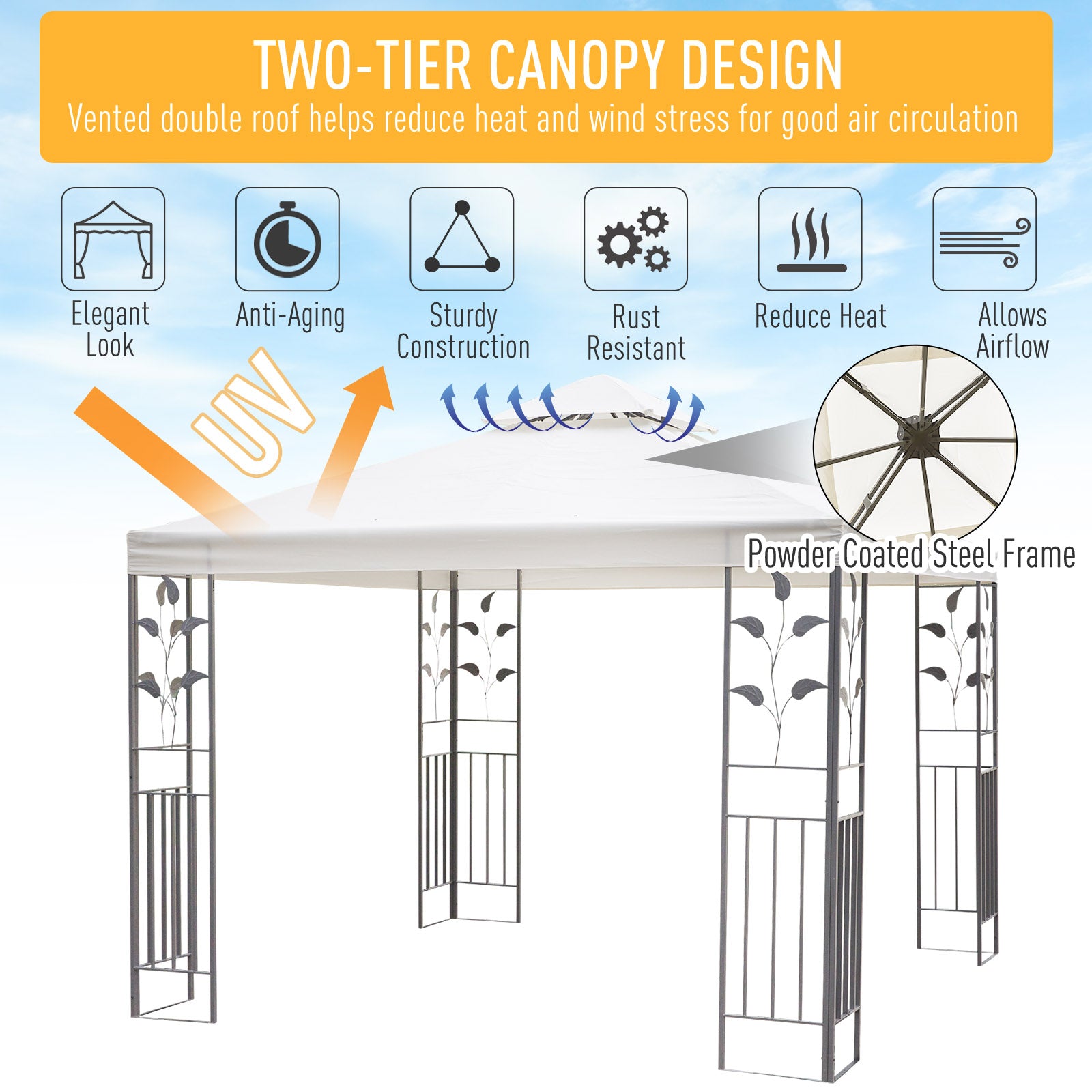 10' x 10' Outdoor Garden Metal Gazebo Patio Canopy Marquee Patio Party Tent Canopy Shelter Vented Roof Decorative Frame, Cream