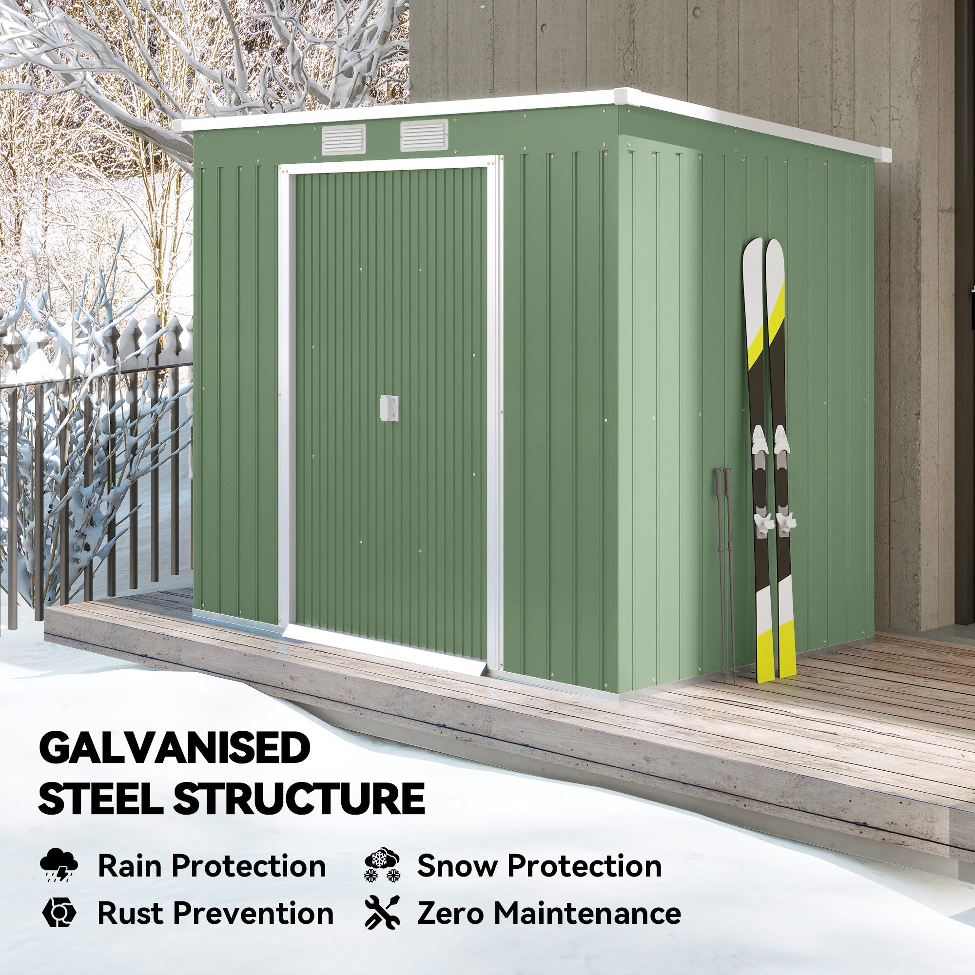 7' x 4' Galvanised Steel Garden Shed, with Foundation Kit - Green
