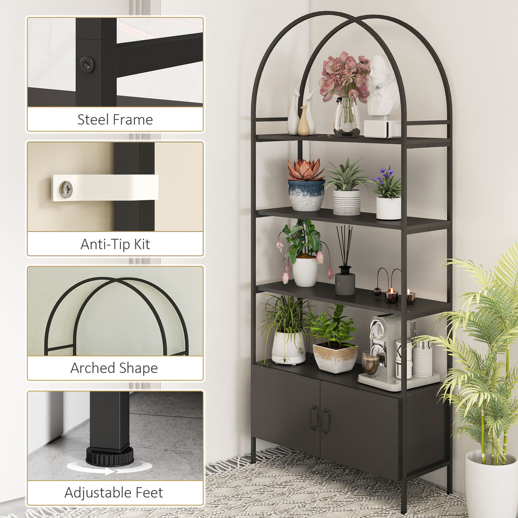 4-Tier Arched Shelving Unit with Cabinet, Bookshelf for Living Room, Office, 31.5" x 11.8" x 73.6", Black