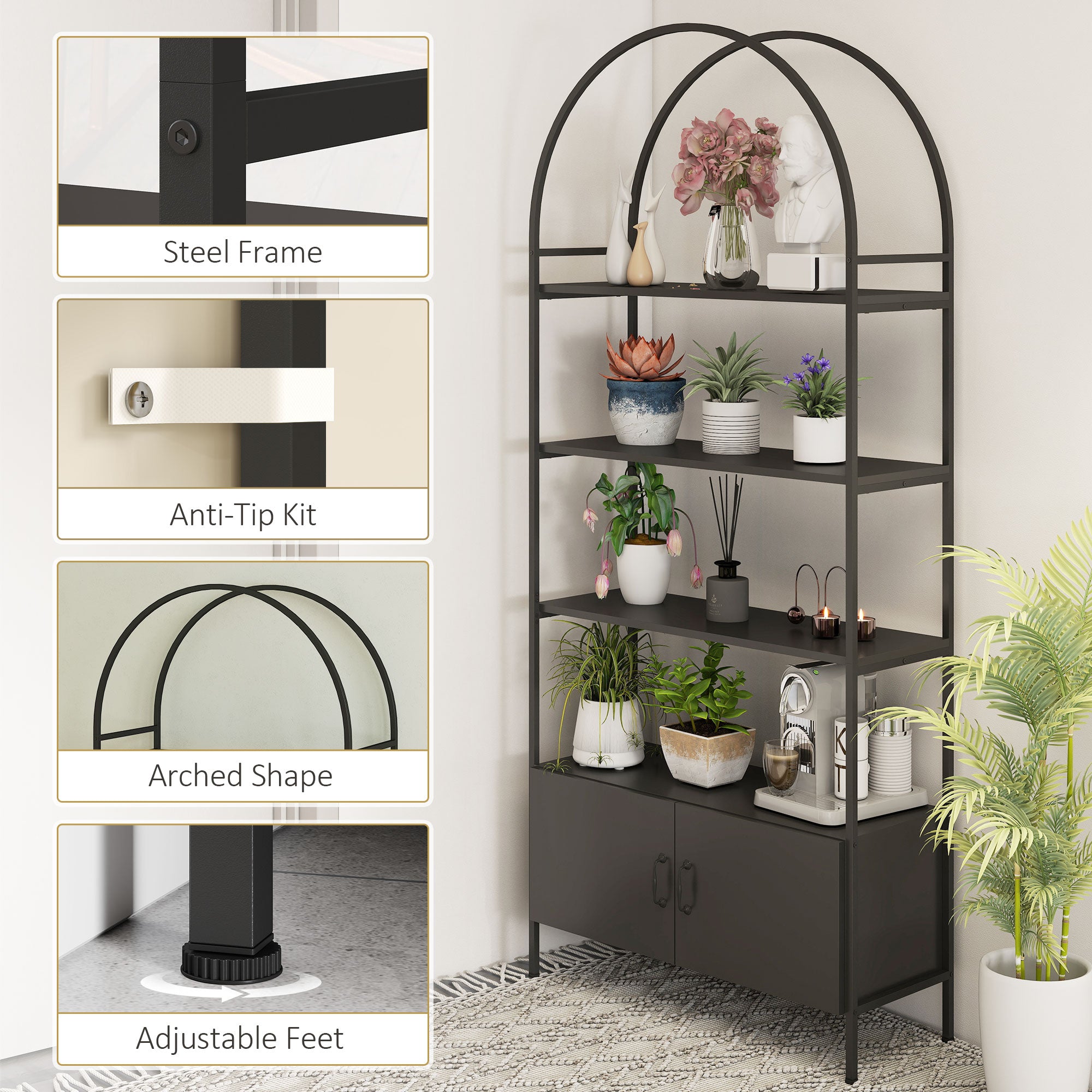 4-Tier Arched Shelving Unit with Cabinet, Bookshelf for Living Room, Office, 31.5" x 11.8" x 73.6", Black