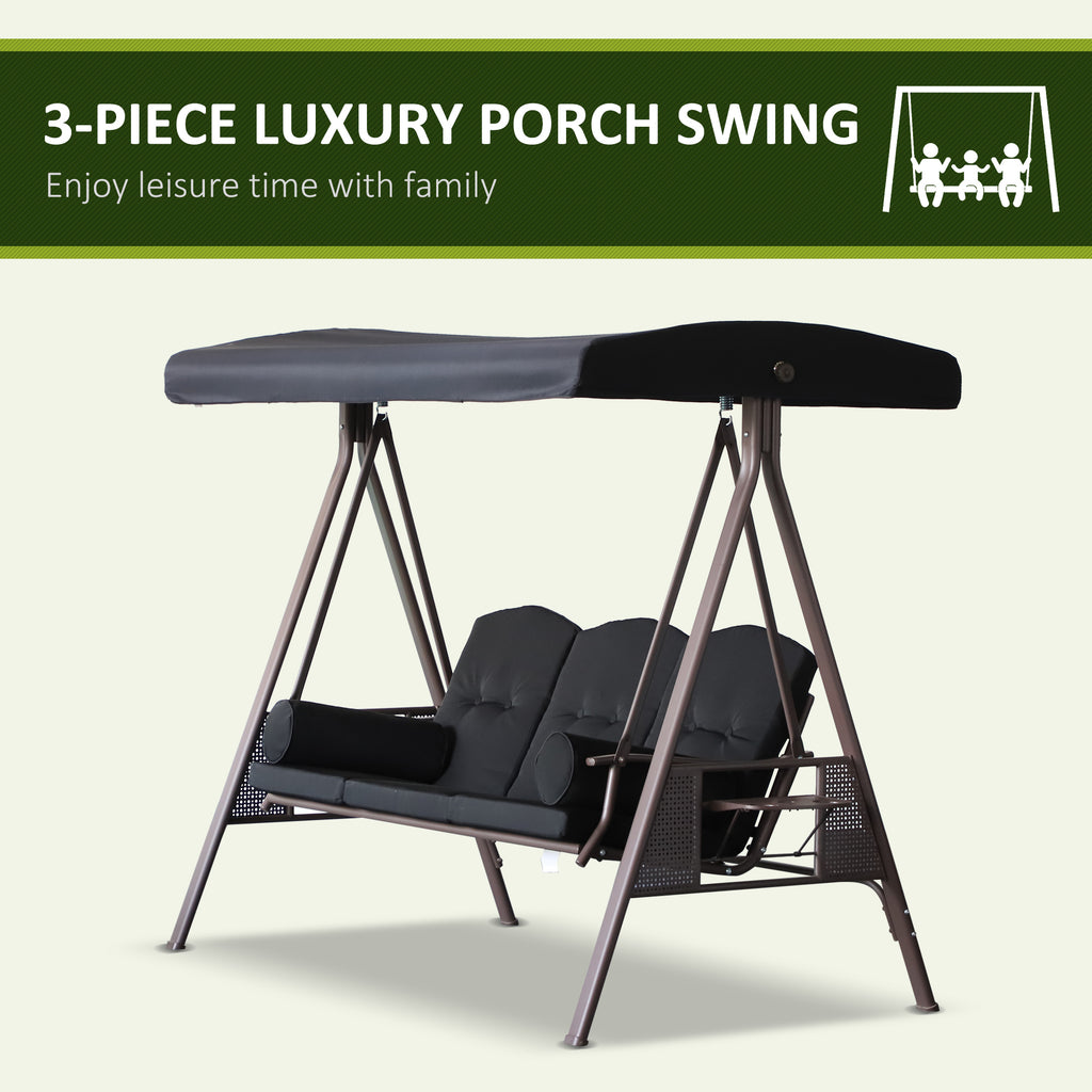 Outdoor Patio 3-Person Steel Canopy Cushioned Seat Bench Swing with Included Side Trays & Padded Comfort, Black