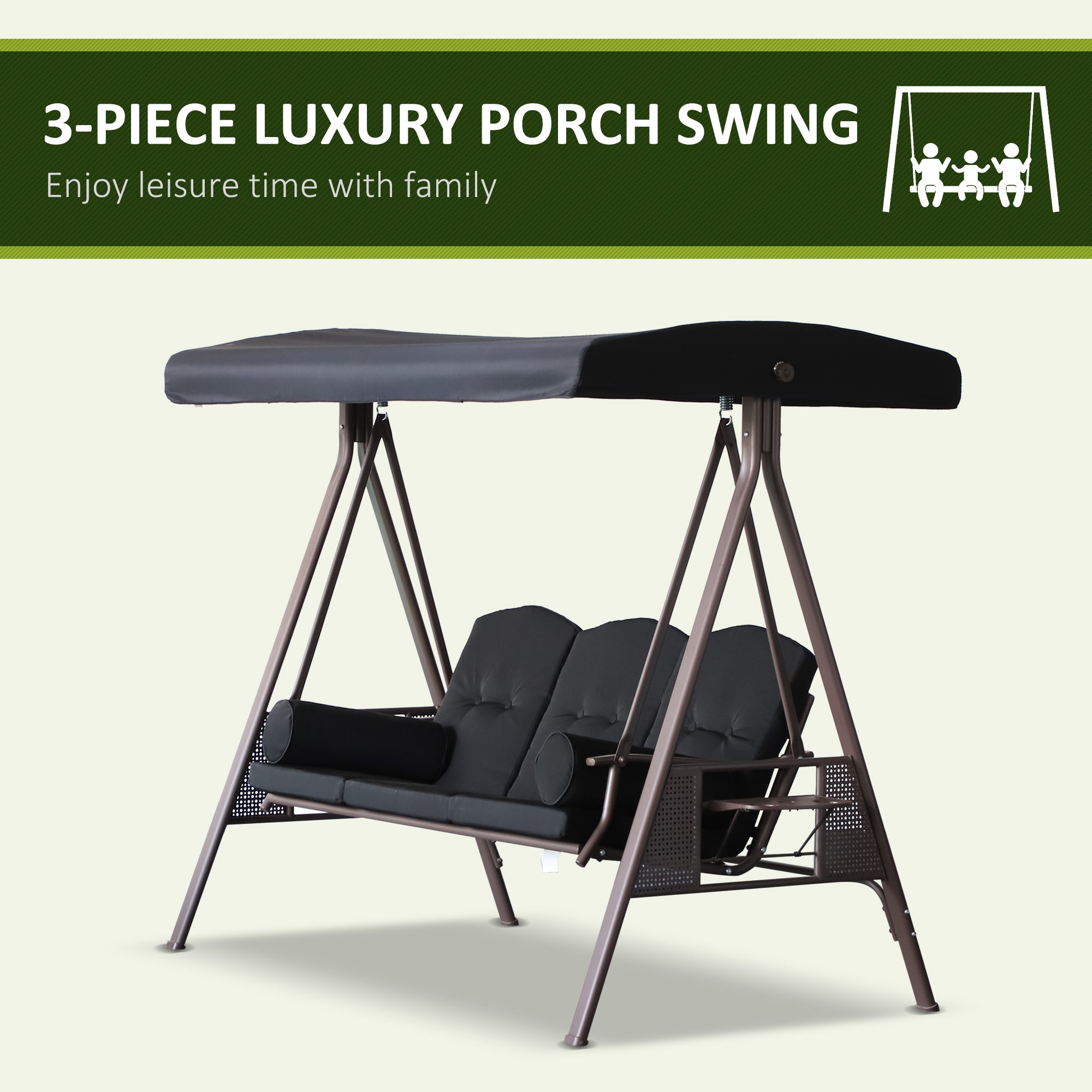 Outdoor Patio 3-Person Steel Canopy Cushioned Seat Bench Swing with Included Side Trays & Padded Comfort, Black