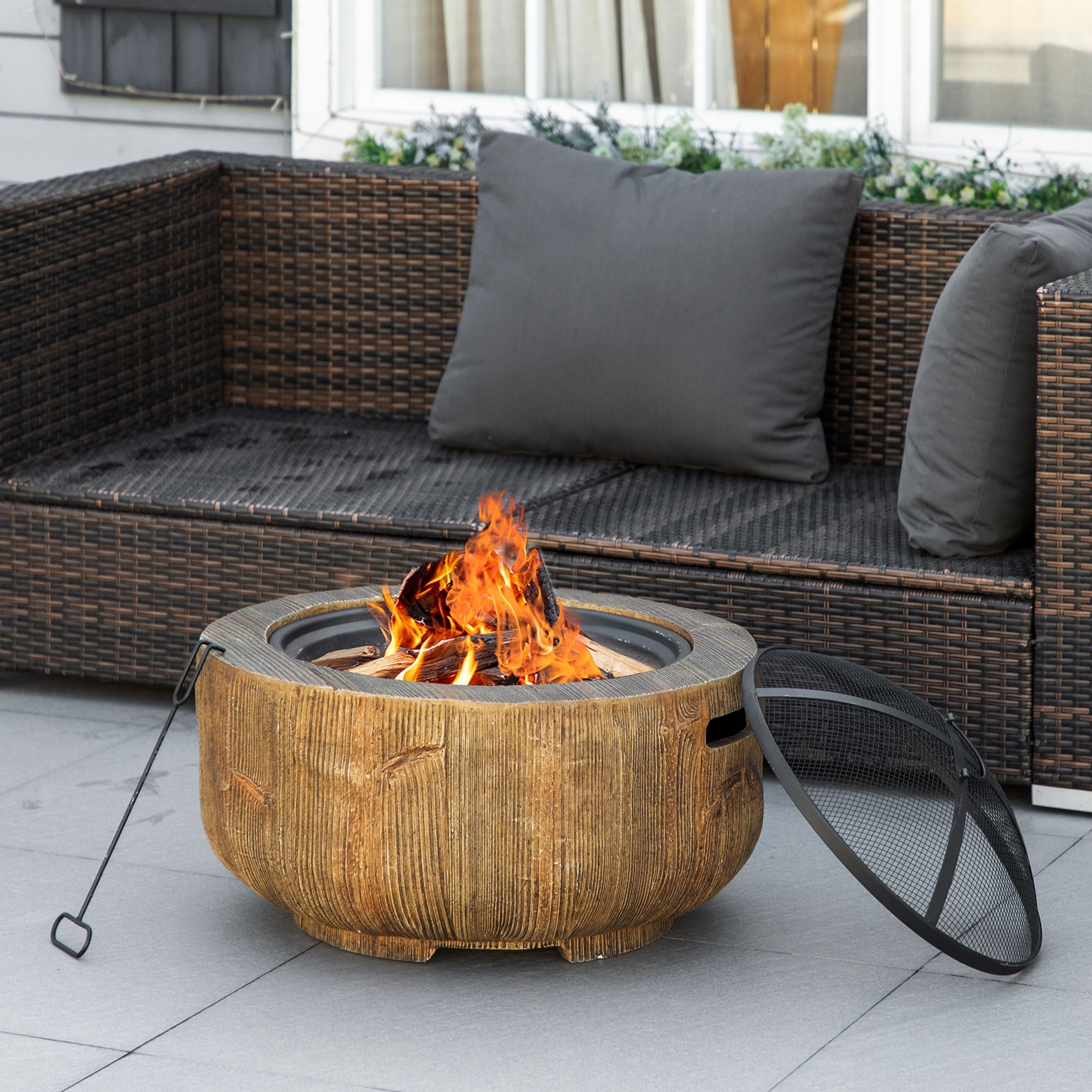 Outdoor Fire Pit, 24 Inch Metal Wood Burning Fireplace with Spark Cover, Poker, Woodgrain Design, Light Brown