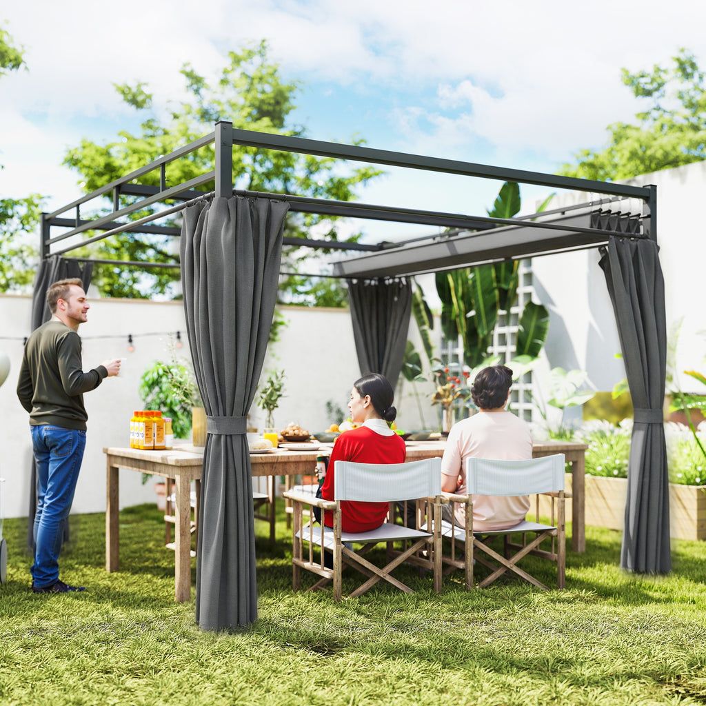 10' x 10' Outdoor Gazebo, Retractable Pergola Canopy with Curtains, UPF30+ Free Standing Metal Pergola Kit, Dark Grey