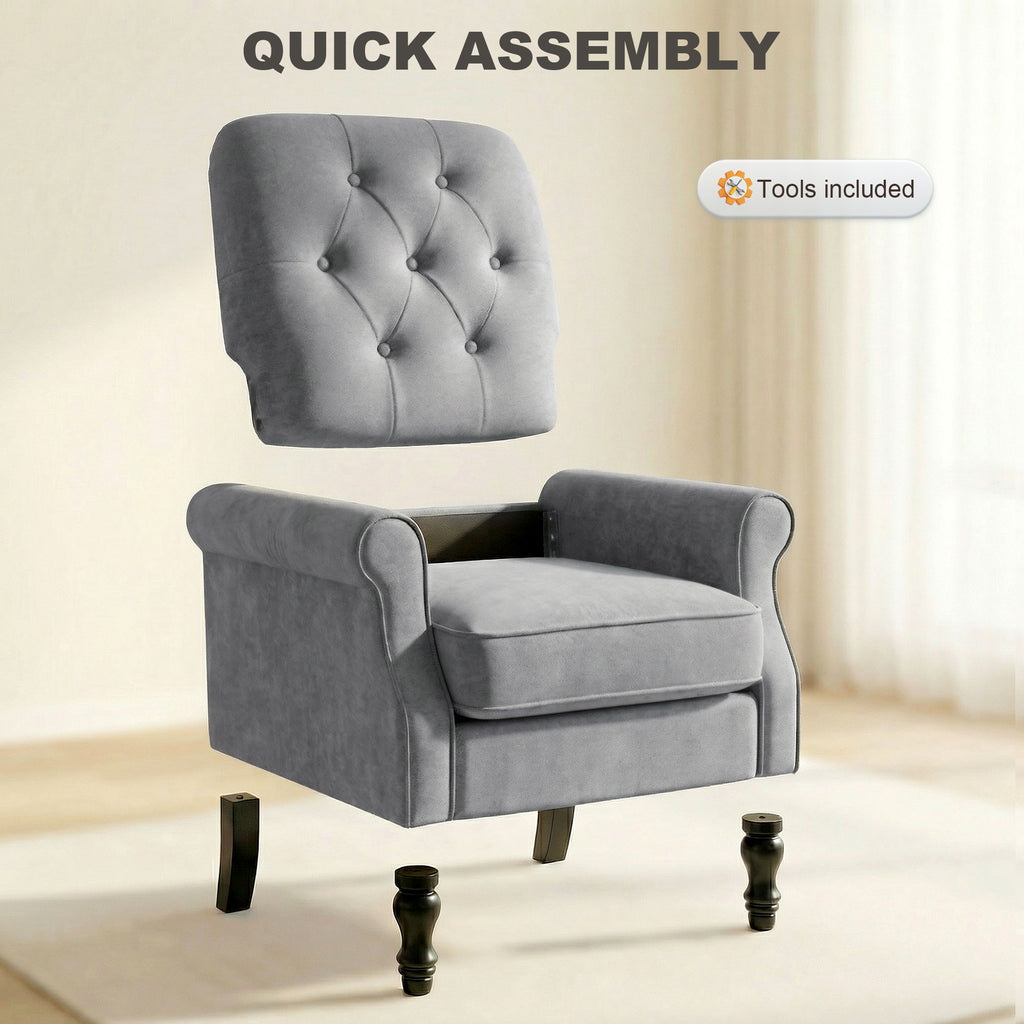 Accent Chair, Mid-Century Modern Armchair with Thick Padded Seat, Spring Cushion, Solid Wood Legs, Grey