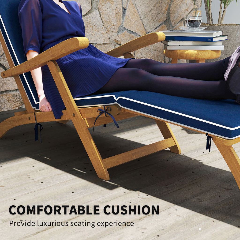 Folding Patio Lounge Chair with Padded Cushion, Acacia Wood Patio Lounger Recliner with Footrest for Garden, Navy Blue
