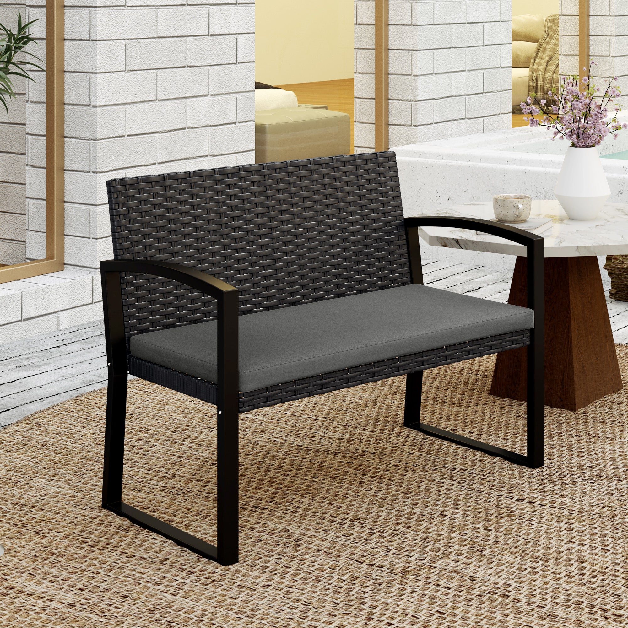 2 Seater Outdoor Bench, Rattan Garden Bench Loveseat with Cushion, Armrests, Steel Frame for Patio, Porch, Light Grey