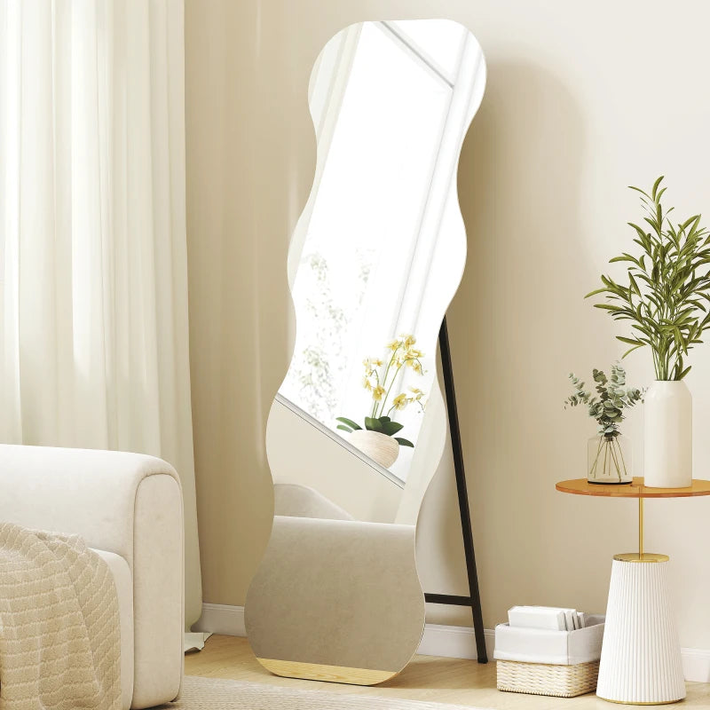 64x21 inch irregular wavy full length mirror with black pine wood base