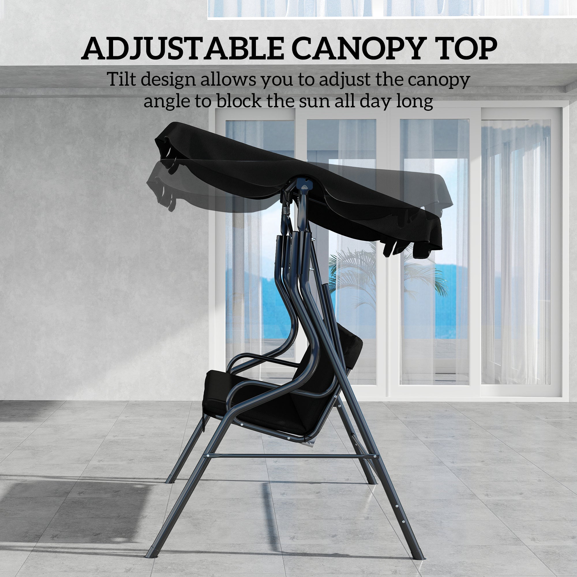 Outdoor Porch Swing with Adjustable Canopy, 3-Seater Patio Swing Chair with Cushion, Black