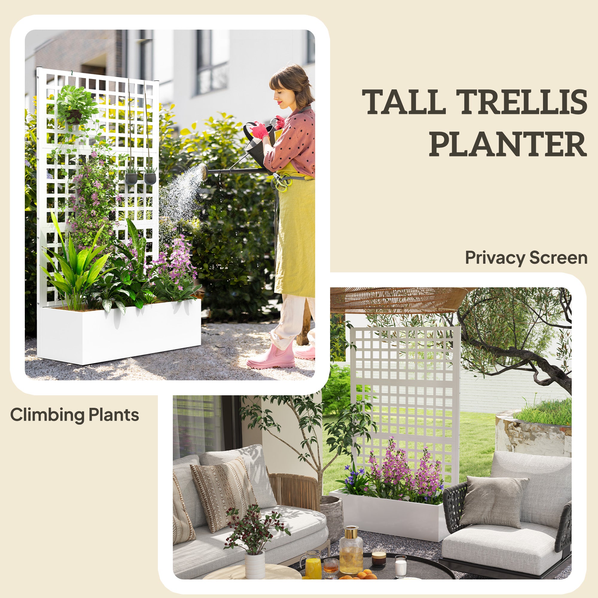 Galvanized Raised Garden Bed Planter Box with Trellis for Climbing Plants, Vegetable, Vines, 43" x 16" x 70", White